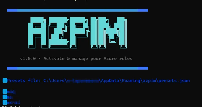 azpim preset list output showing saved presets in a table